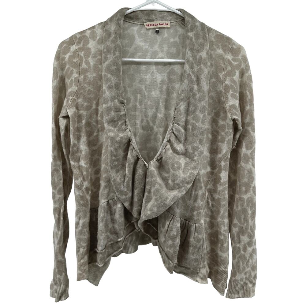 Rebecca Taylor Extrafine Lambswool Cashmere Cardigan Leopard Ruffle Button XS